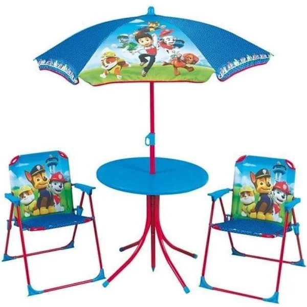 Fun House Pat Patrouille trädgårdsset bestående av ett bord, 2 hopfällbara stolar och ett parasoll för barn.