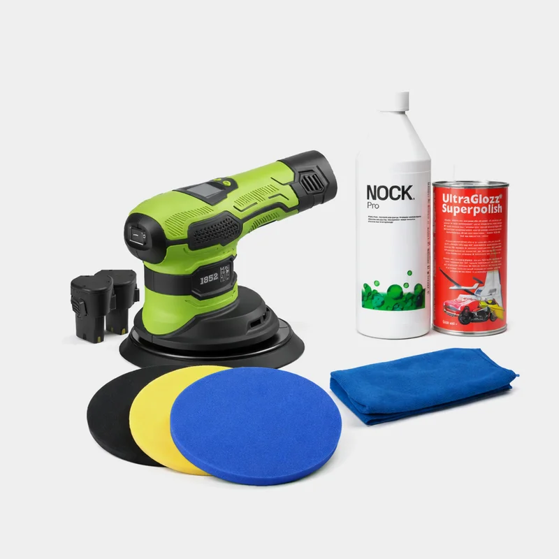 Poleringskit båt med oscillerande polermaskin (batteridriven) 1852-Marine + mikrofiberduk + rengöringsmedel + båtpolish + polertrissa + laddare + batt