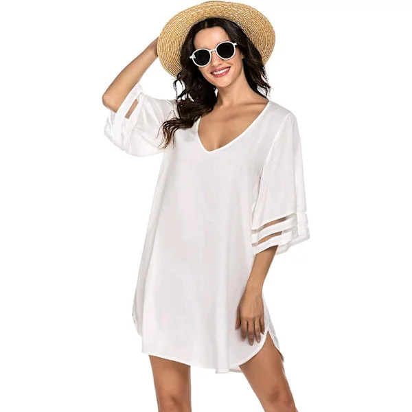 Kvinders Strand Badetøj Cover Up, Sommer Casual Løs Sommerkjole HVID M