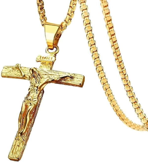 Krucifiks Halskæde Rustfrit Stål Jesus Kristus Dåb Kristne Smykker (guld)