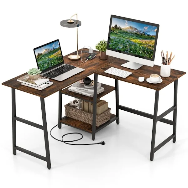 Skrivbord L-Shape hörnskrivbord med uttag & USB-portar 120 x 120 x 75 cm rustik brun