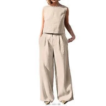 Women's 2-Piece Set, Summer Round Neck Linen Loose Pants, Cool Comfortable Wide Leg Loose Pants for Summer, Off-White L (L Off-White)