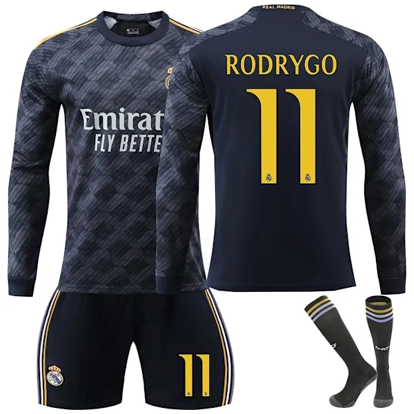 Real Madrid Bortaställ Långärmad Fotbollströja Barn Fotbollströja Set 23-24 Nr 11 Rodrigo- Perfet