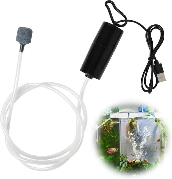Akvarie Luftpumpe - USB Mini Akvarie Luftpumpe - 1W Energibesparende Luftpumpe - Bærbar Akvarie Luftpumpe - Med Luftsten og Silikoneslange - Sort