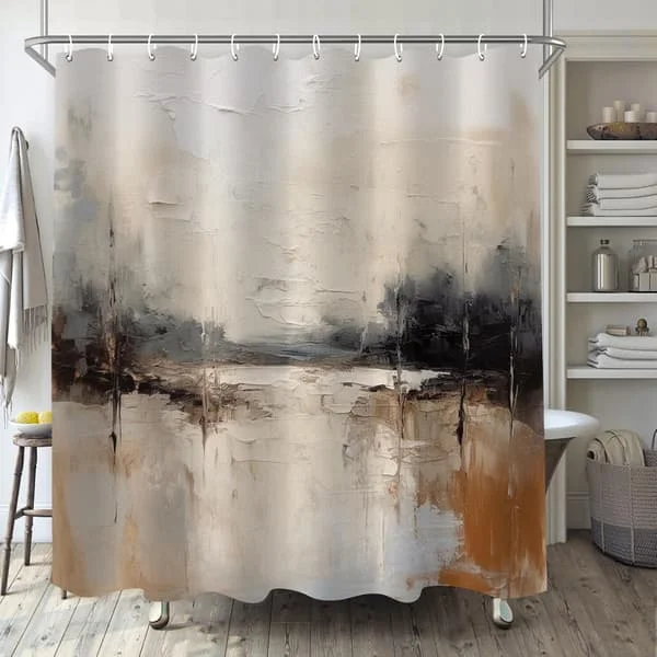 Abstrakt Duschdraperi med Oljemålning för Badrum, Brun Svart Grå Vit Boho Duschdraperi Set, Kräm Beige Konsttyg Modernt Vattentätt Badrum D