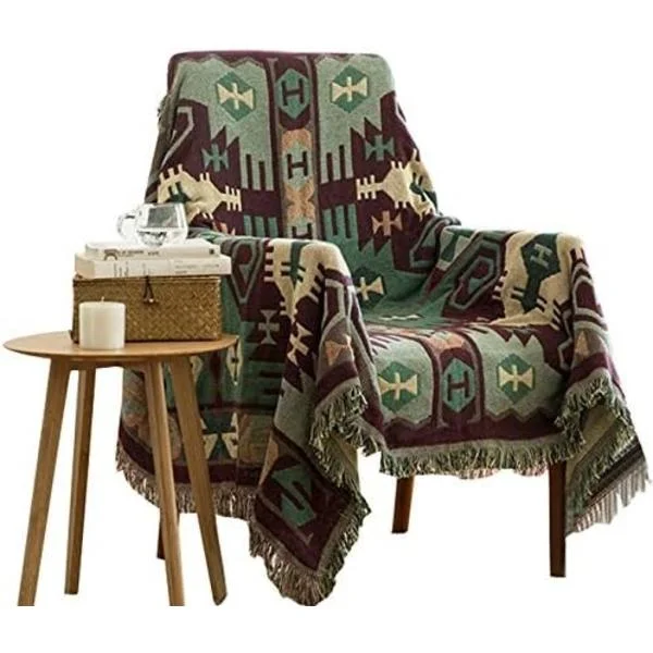 Dekorativ bomullsfilt i vävd bomull, sofföverdrag, varm bomullsfilt 130 x 180 cm (bohemisk stil)