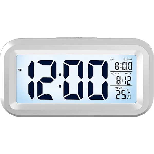 Snooooze Digital Väckarklocka för Sovrum, Batteridriven Bordsklocka, Digital Väckarklocka med Smart Nattlampa, 12/24H Display - °C/°F - Datum, för