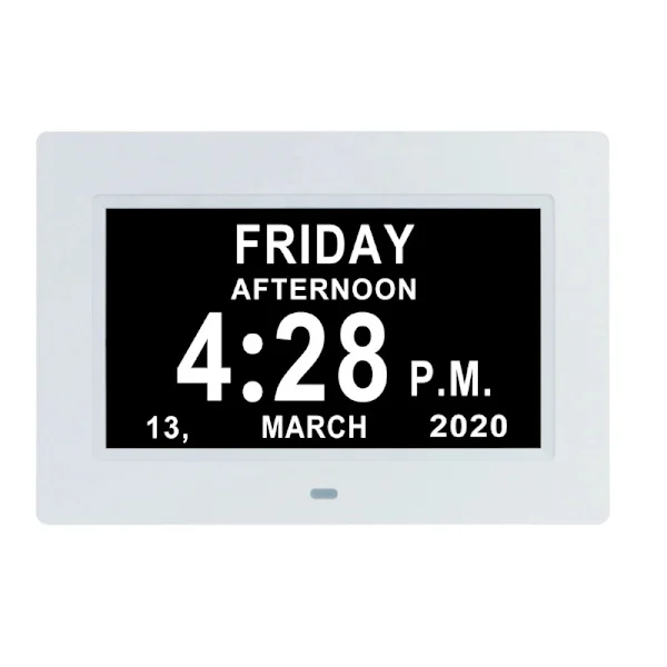 7 tums LCD digital klockkalender med datum dag och tid klocka oförkortad automatisk dimning 8 språk HD-skärm påminnelse för Alzheimers äldre