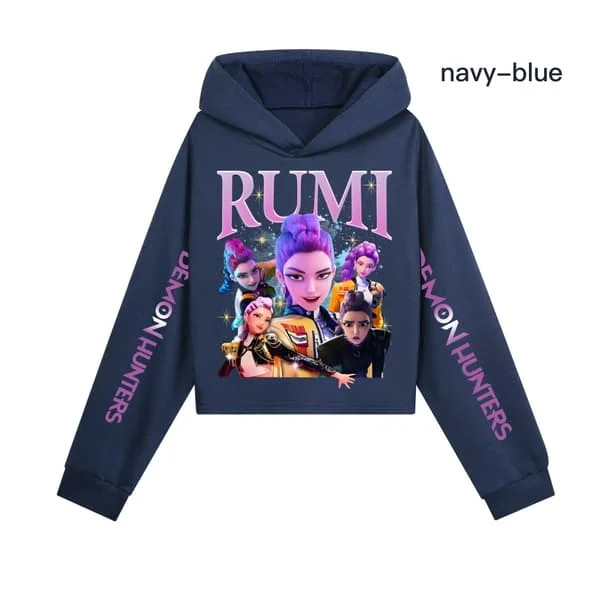 Kpop Demon Hunter Girls Cropped Hoodie with Printed Sleeves Navy blue XX-FF- Navy blue XX[TT]