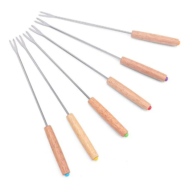 6 Pieces Fondue Forks Multifunctional Stainless Steel Wooden Handle Fondue Forks For Fruit Cheese Fondue Chocolate Fountain