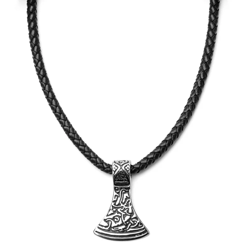 Silver-Tone Rune Black Leather Necklace for Men - Thor's hammer necklaces