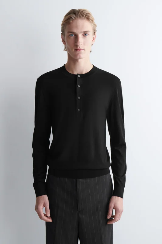 COS Men's Slim Merino Wool Henley Top in Black