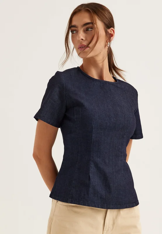 ONLY-Onltammy S/S FITTED DNM SHIRT-Dark Blue Denim
