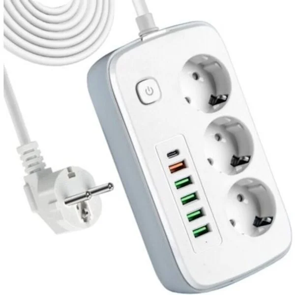 Grenuttag, överspänningsskyddat grenuttag med strömbrytare, 3 uttag + 6 USB-portar, 2M förlängningssladd