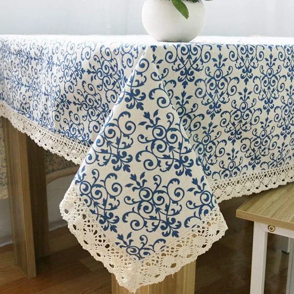 Duk, linduk i bomull, rektangulær duk for innendørs og utendørs bord, porselensmønster, blå og hvit, 140 x 250 cm