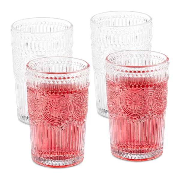 Drikkeglass, sett med 2, 380 ml, vintage glass til vann, juice, brus, tåler oppvaskmaskin, vannglass, transparent, 13 x 8 cm