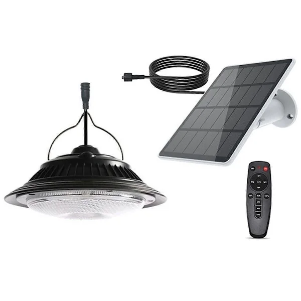 Enkla Solcellsdrivna Hänglampor med Fjärrkontroll Inomhus Utomhus Skjul Lampa LED Hängande för Förråd Veranda Trädgård
