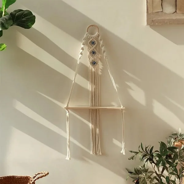 Boho vegghylle, håndvevd blomsterpotteholder, veggdekorasjon med dusker, veggmontering for soverom, balkong