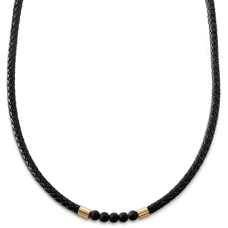 Tenvis | 5 mm Gold-tone Onyx Leather Necklace for Men - Leather necklaces