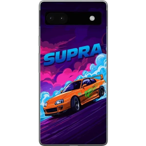 Kompatibelt Mobilskal till Google Pixel 6a Kraftfull orange sportbil i neonfärgad miljö med fartkänsla och racinginspirerad design