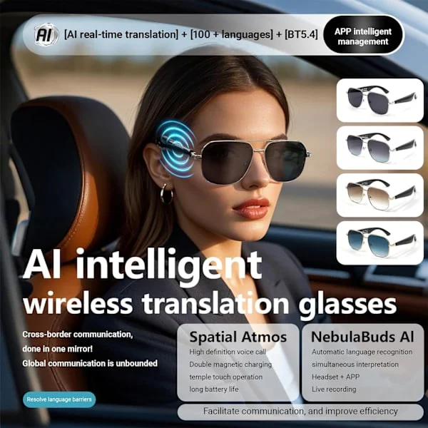 Smarta Glasögon Gy100, AI-Översättning i Realtid, Öppna Hörlurar med Touchkontroll (Svart)