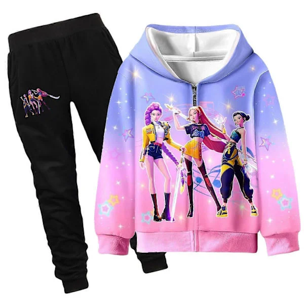 Barne Jenter KPOP Demon Hunters Hettegenser HUNTRX Glidelås Genser Casual Hettegenser Topp Nyhet Klær 4-12 År s10523 sett-FF-