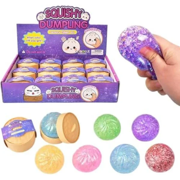 Glitter Dumpling Squish-y | 12 st Squish-y Squeeze Dumplings Bullar med Steamer, Färgglada Squishies Dumplings Stressbollar Leksaker, Mjuk Squeeze De