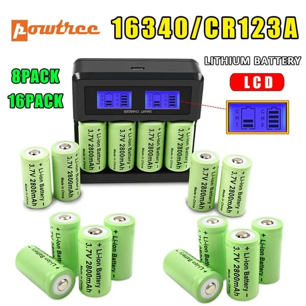 Powtree 16P 2800mAh Uppladdningsbart 3,7V Li-ion 16340 Batteri CR123A RCR 123 ICR Batteri för LED-ficklampa Reseväggladdare