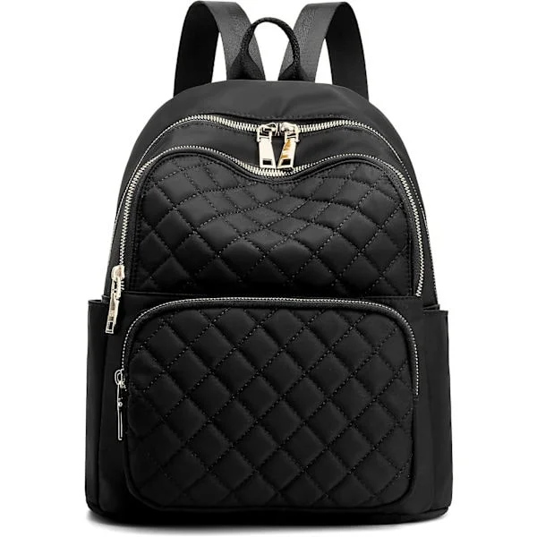 Women's Backpack, Nylon Travel Bag, Black Shoulder Bag, Small Casual Daypack for Girls (Black Quilted)
