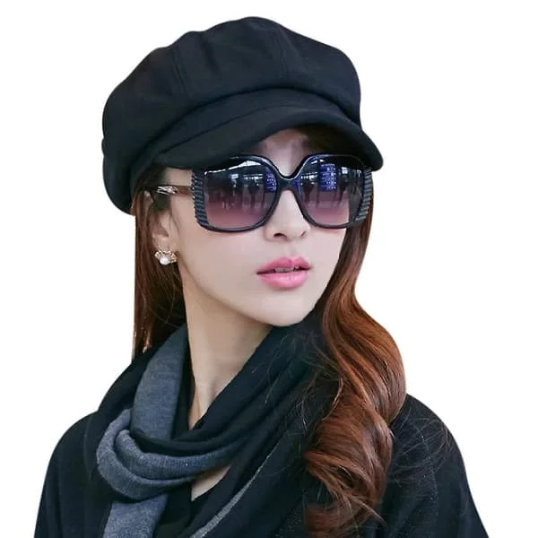 Baker Boy Cap Hat For Women Girl Berets French Beanies Cap Hats 8-panel Warm Wool Newsboy Cap Black