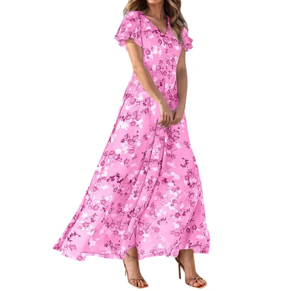Women's Maxi Dress, Floral Casual V-Neck Short Sleeve Flowy Long Dress for Beach Wedding Guest Rose Red