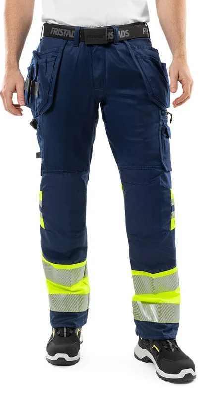 Arbetsbyxor Fristads Herr Varsel hantverkarbyxa stretch 2706 PLU, klass 1, Varsel Gul/Marinblå Arbetskläder