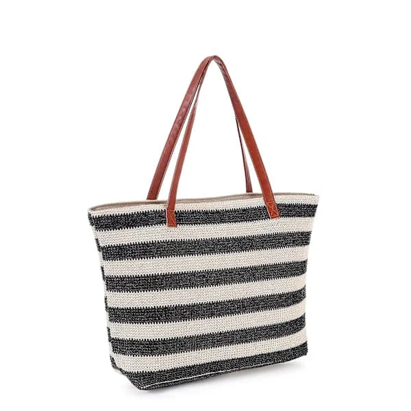 Strandtasker Stor Xxl Familie Med Lynlås - Flettet Halmtaske Shopper Skuldertaske Shoppingtaske - Sort