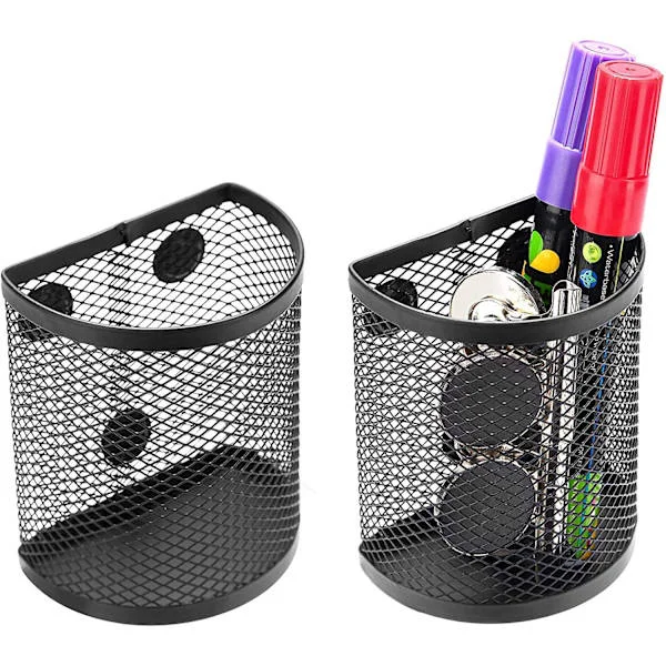 Magnetic Pen Holder, 2 Compartment Stainless Steel Mesh Pen Basket, Metal Writing Instrument Storage Organizer Compatible with Whiteboard