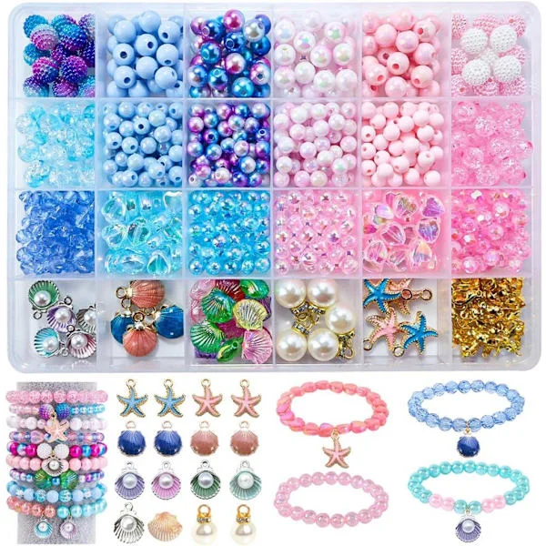 DIY Perlesmykker, Perlesæt med Havtema til DIY Smykker, Armbånd og Halskædehobby for Børn, Julegaveperlesæt med Muslingeskaller og Søstjerner 625 stk