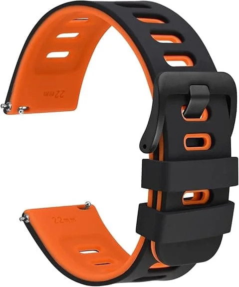 Two-tone Watch Band, Silicone, Quick Release, Replacement Strap for Men's and Women's Watches, Stainless Steel Buckle, 22mm, Black and Orange