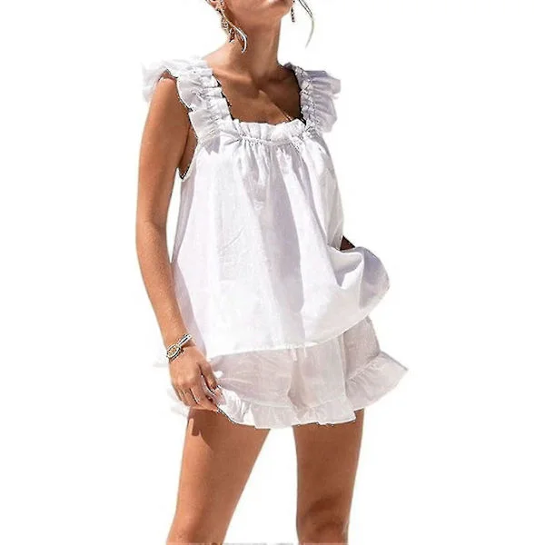 Women's 2 Piece Set Summer Fashion Ruffle Trim Cami And Casual Shorts Set Cotton Pajama Set Dd. Large
