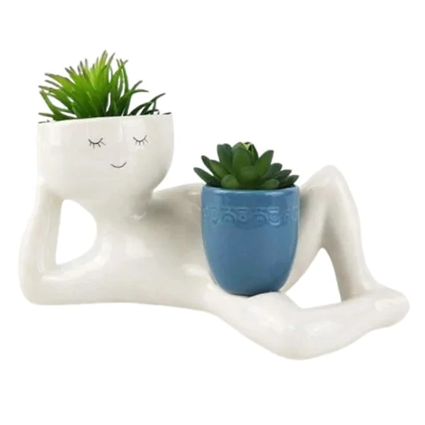 Søt Latsabb Potte, Morsom Ansikt Blomsterpotte med Drenering, Avslappende Person som Holder Potte, Unike Potter for Sukkulenter Kaktus[HK]