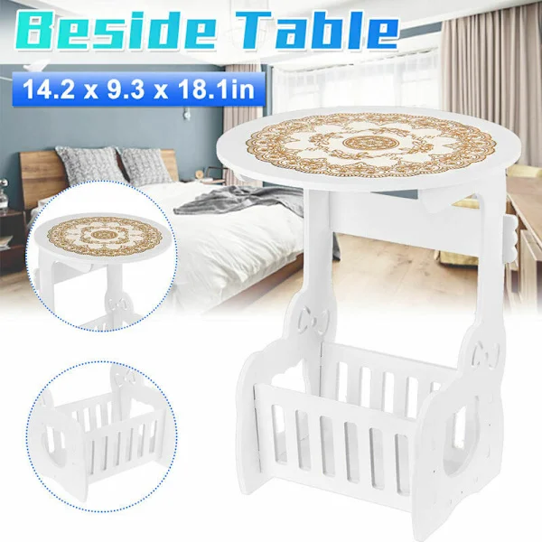 Hvitt Lite Rundt Sofabord Sidebord Kaffebord Skrivebord Oppbevaring Organizer Hylle