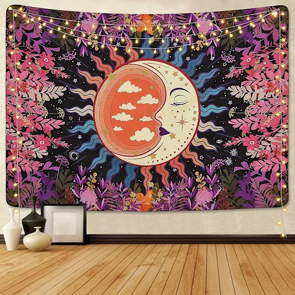Annen veggdekor 180 X 230cm Månehage veggteppe planter blomster veggtepper Måne og stjerner veggteppe Fargerikt mystisk veggteppe Mandala veggteppe 