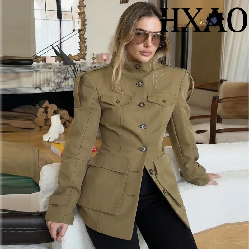 AliExpress - HXAO Damen-Jacke mit Knöpfen, Langarm-Oberbekleidung mit Taschen, Demi-Season Blazer, Figurbetonte Lange Jacke, Büro- und Freizeitjacke