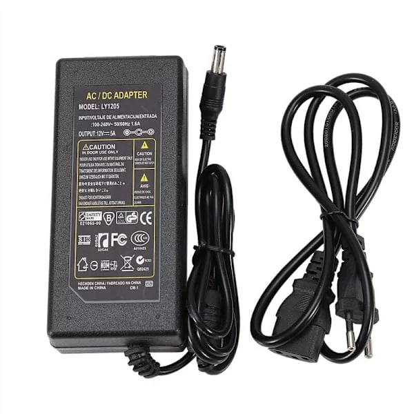 12V 5A Strømforsyning, AC 100V-240V til DC 12 Volt 60W Transformator med EU-plugg, 12V Adapter for 5050 3528 LED-stripe, LED-lys