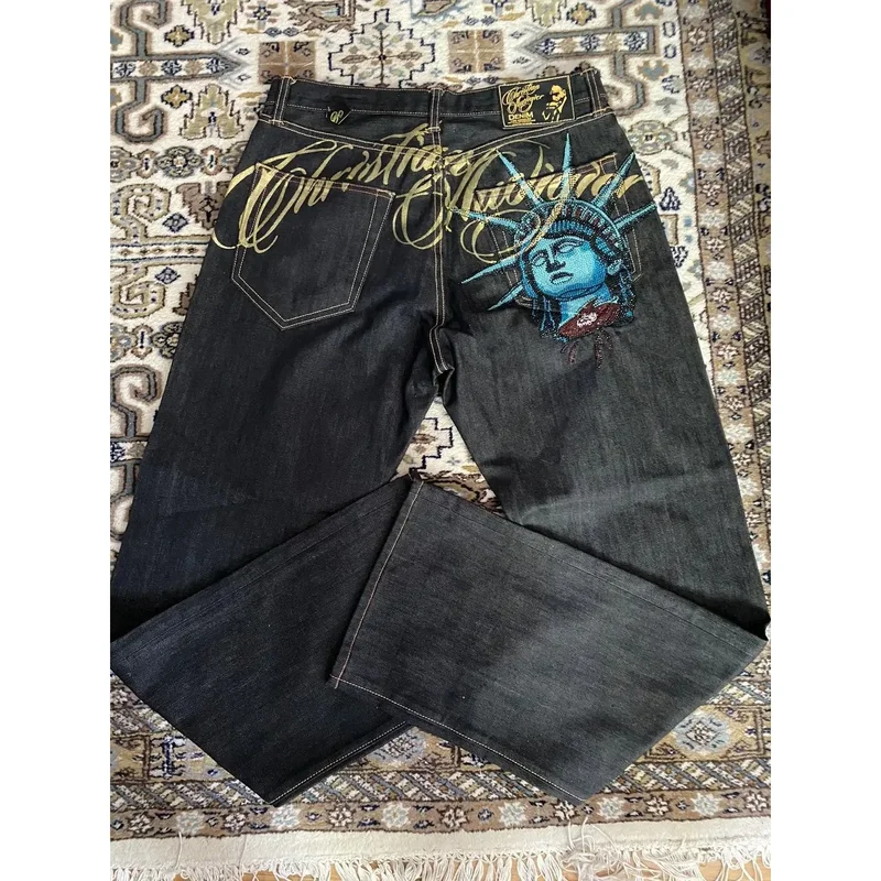 AliExpress - 2000er Vintage Freiheitsstatue Diamanten Jeans Lässige Denim-Hose Hochgeschnittene Gerade Weite Jeans Harajuku Y2k Damenkleidung