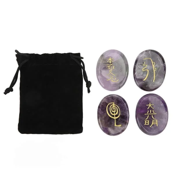 Set med 4 Reiki-stenar graverade Reiki-symboler släta ytor för heminredning meditationsprydnad present ametist