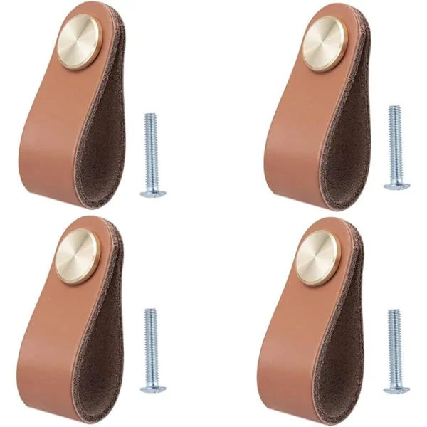 Sæt med 4 lædergreb til møbler. Skabslågeknapper, læderskuffeknopper. Vintage møbelgreb til skabe, køkkener og badeværelser