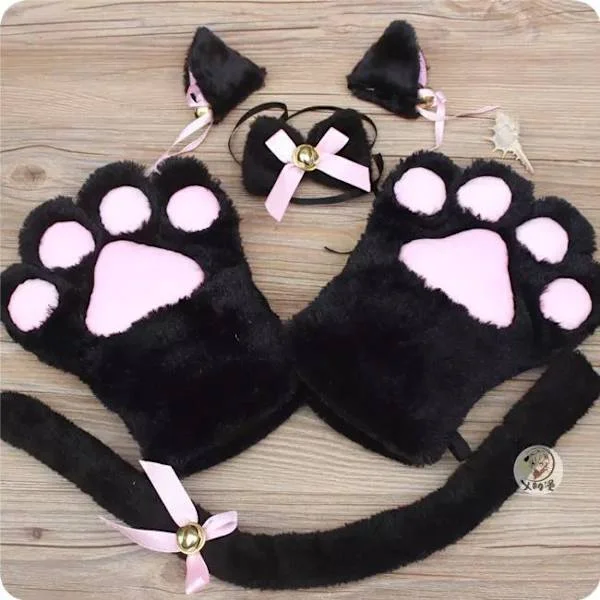 Cat Cosplay Costume - Cat Tail, Cat Ear Clip, Collar, Gloves (2 Pieces) - Halloween Accessories (5-Piece Set), Black