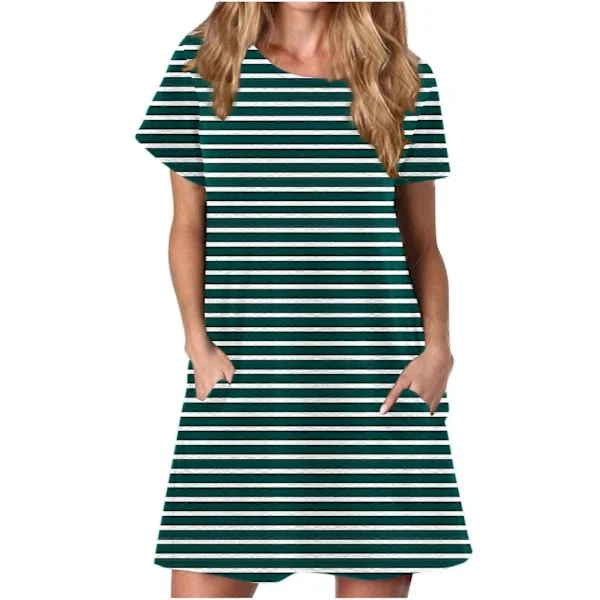QLEICOM Kvinders Sommer Casual T-shirt Kjoler O Hals Korte Ærmer Løs Kjole Solkjole med Lommer Grøn C XL, US Størrelse: 10