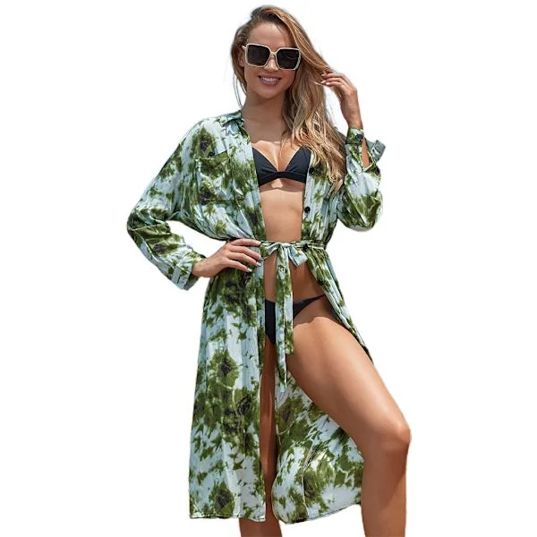 Women's Long Sleeve Bikini Top, Tie-Dye Printed Lapel Button-Down, Long Kimono Cardigan with Tie Front, Beach Dress, Blouse with Pockets