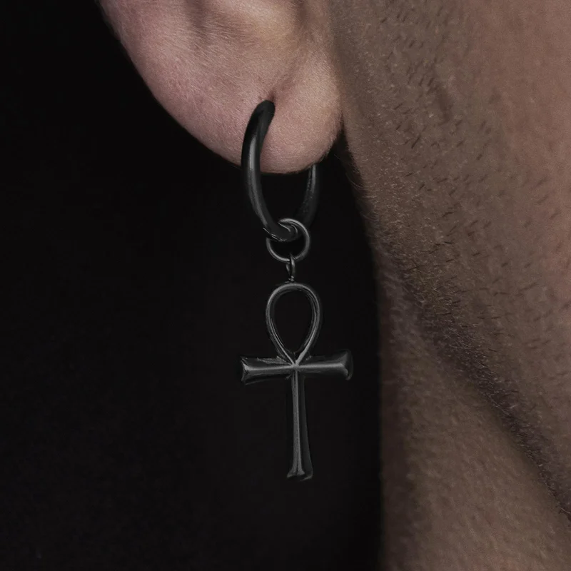 Black Steel Drop Hoop Earring with Ankh Charm for Men - Charm Hoop Earrings