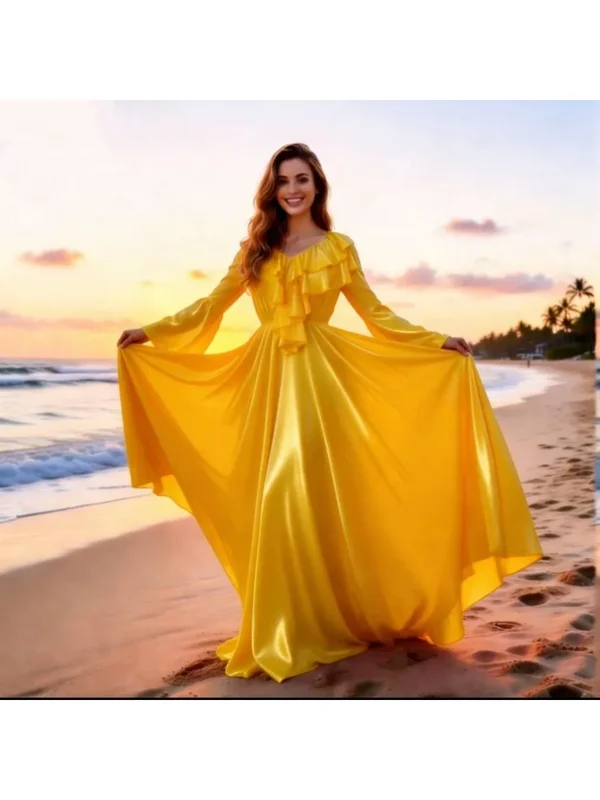 AliExpress - Glänzender Sexy Damen-Satinrock mit Seidengefühl, Zigeuner-Langrock, Sortierte Einfarbige Lila-Gold-Röcke, Langärmliges Loses Nachtkleid
